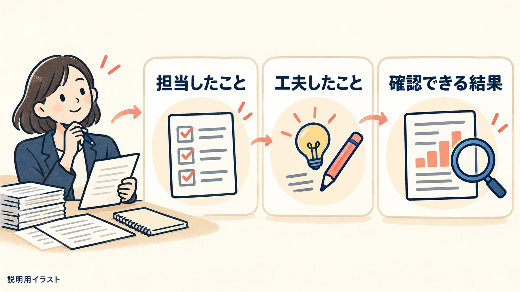 担当したこと、工夫したこと、確認できる結果を整理して公開用の職歴を作る説明イラスト