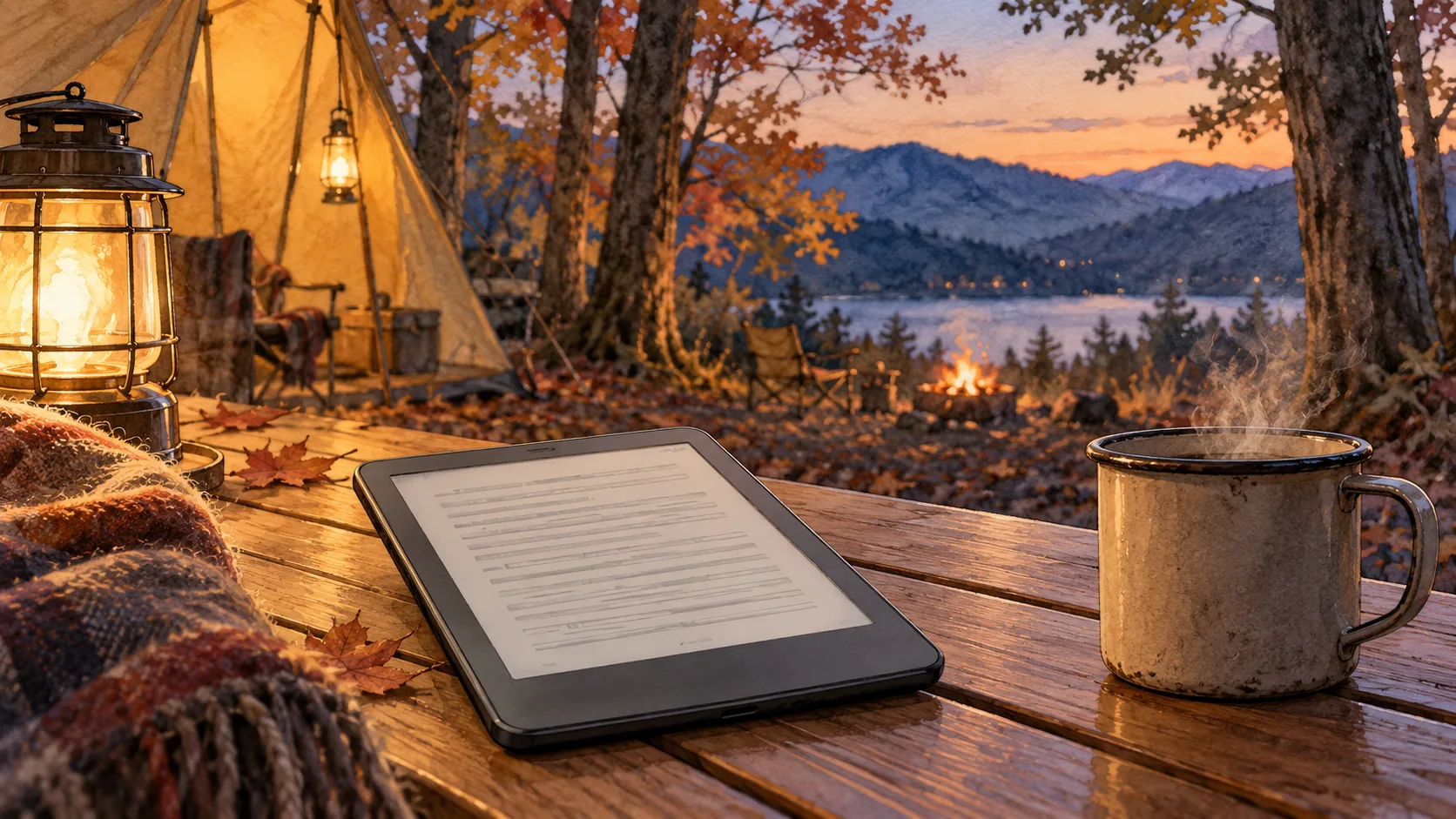 キャンプのテーブルに電子書籍リーダーを置いて読書するイメージイラスト