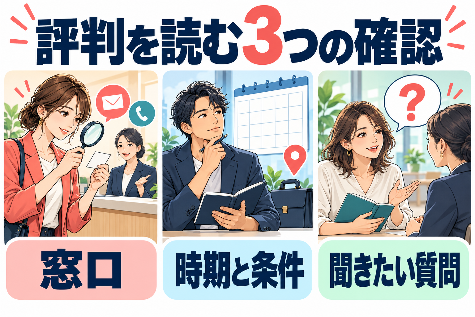 評判を見るときに確認する窓口・時期と条件・聞きたい質問