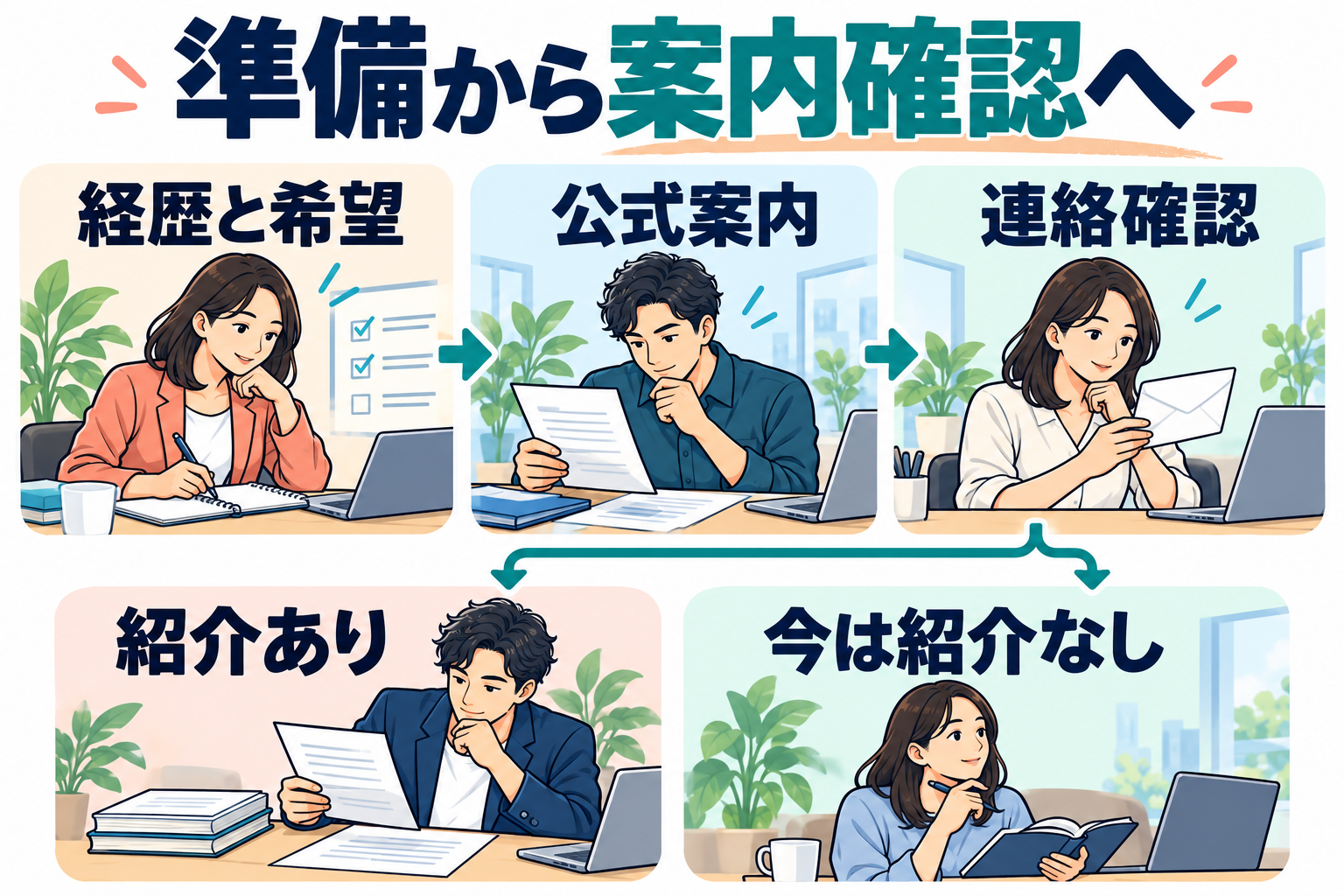経歴と希望の準備から申込後の案内確認と紹介状況の確認へ進む